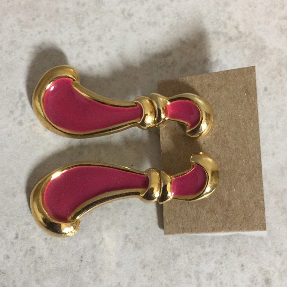 Gold with hot pink enamel drop earrings - Picture 2 of 7